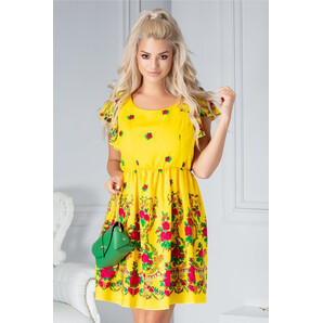 Rochie Carmen galbena cu imprimeu floral