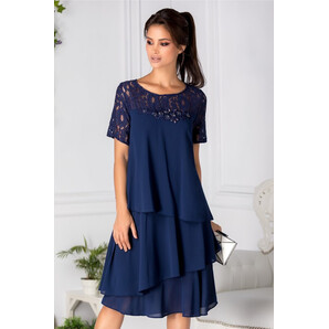 Rochie Carolina bleumarin cu volanase si broderie cu perle la bust