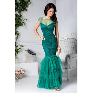 Rochie Charo verde lunga de seara cu dantela si broderie