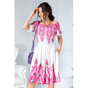 Rochie Indira alba de zi cu imprimeu fucsia