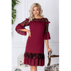 Rochie LaDonna bordo cu volane si broderie