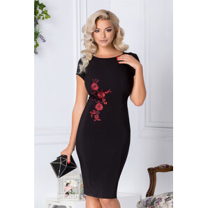 Rochie LaDonna conica neagra cu broderie florala bordo