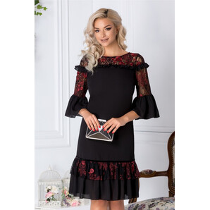 Rochie LaDonna neagra cu volane si broderie bordo