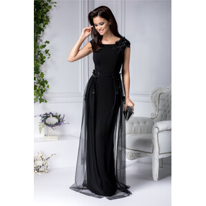 Rochie Leonard Collection lunga neagra cu flori 3D si voal