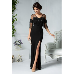 Rochie Leonard Collection lunga neagra cu franjuri la bust