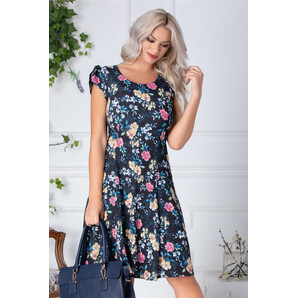 Rochie Louise neagra cu imprimeu floral roz-bej