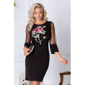 Rochie Moze neagra cu maneci din tull si broderie