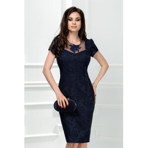 Rochie Nadia bleumarin din brocard cu broderie