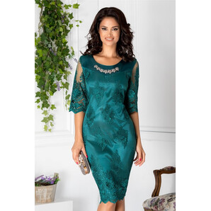 Rochie Ramy verde cu broderie si accesoriu la guler