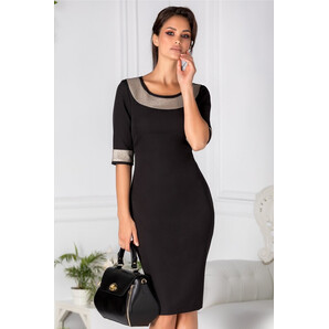 Rochie Sailor neagra office cu banda decorativa la maneci si decolteu