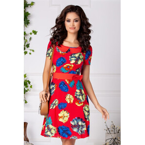 Rochie Senna rosie cu imprimeu floral si funda in talie