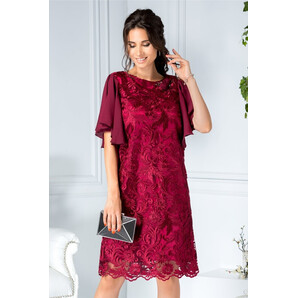 Rochie Sonia bordo din dantela croi drept si aplicatii