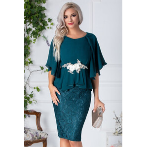 Rochie Thelma verde din dantela si voal cu flori 3D