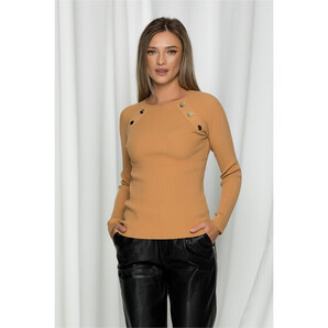Bluza Alina camel din tricot reiat cu nasturi decorativi