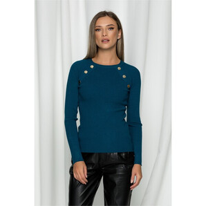 Bluza Alina turcoaz din tricot reiat cu nasturi decorativi