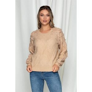 Bluza Mira bej din tricot cu dantela pe maneci