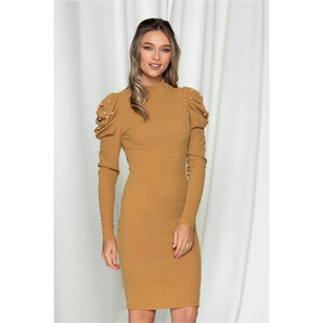 Rochie Elisa maro camel din tricot cu umeri bufanti