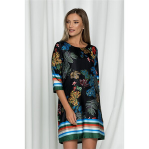 Rochie Ina neagra cu imprimeu floral multicolor si maneci trei sferturi