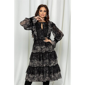 Rochie LaDonna gri animal print cu dantela si volanase