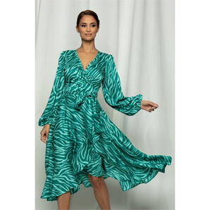 Rochie LaDonna verde cu zebra print petrecuta cu volanase