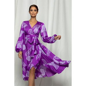 Rochie LaDonna violet cu imprimeu floral petrecuta cu volanase