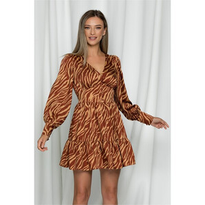 Rochie LaDonna zebra maro cu volanase la baza