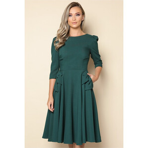 Rochie MBG verde clos cu umeri bufanti si fundite tip buzunar