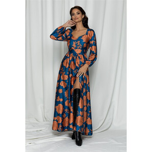 Rochie Medeea albastra cu imprimeuri florale orange