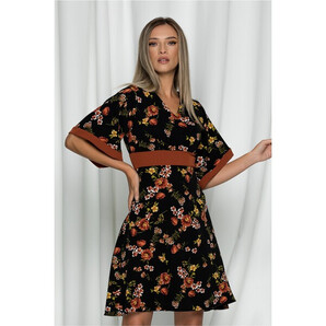 Rochie Mirela neagra cu imprimeu floral si maneci scurte