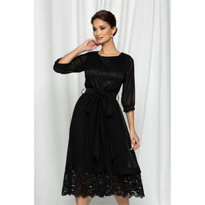 Rochie Sofia neagra din dantela si voal cu cordon in talie