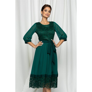 Rochie Sofia verde din dantela si voal cu cordon in talie