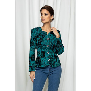 Sacou Darina turcoaz cu flori catifelate negre
