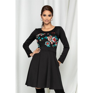 Rochie Katya neagra cu broderie florala colorata la bust