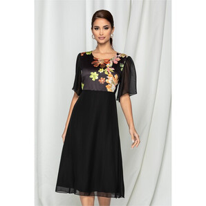 Rochie Maze neagra cu imprimeu floral in zona bustului si maneci din voal