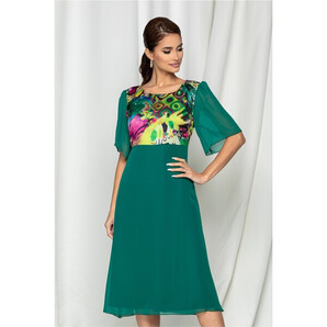 Rochie Maze verde cu imprimeu abstract viu colorat in zona bustului