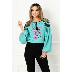 Bluza Effect turquoise din vascoza cu broderie florala turquoise si maneci bufante