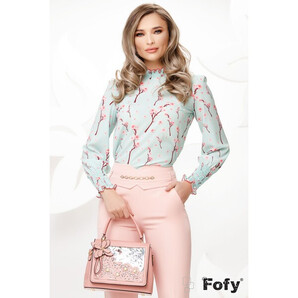 Bluza Fofy din voal mint cu imprimeu flori de cires si mansete incretite