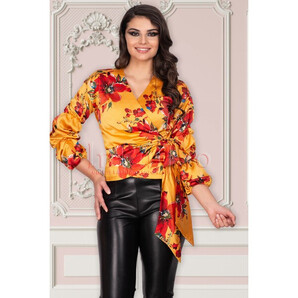 Bluza MBG mustar din satin cu imprimeu floral