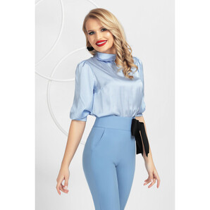 Bluza Pretty Girl bleu cu imprimeu pied cu coq si maneci bufante