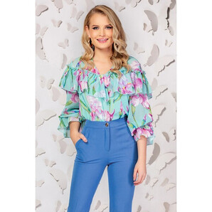 Bluza Pretty Girl vernil cu imprimeu floral si volanase