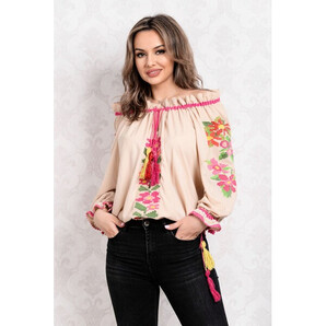 Bluza Venezia tip ie bej cu broderie traditionala fucsia