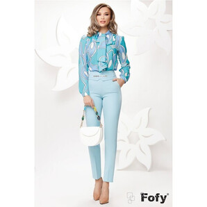 Pantaloni Fofy office conici bleu cu accesoriu auriu in talie