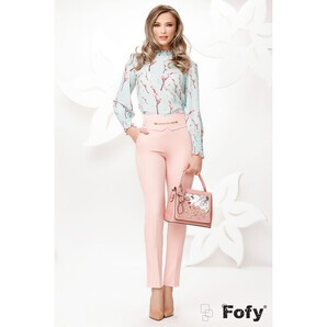 Pantaloni Fofy office conici roz cu accesoriu auriu in talie