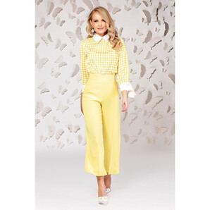 Pantaloni Pretty Girl galbeni cu talie inalta si croi larg