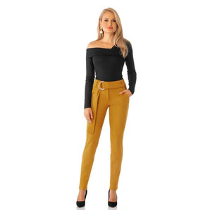 Pantaloni Pretty Girl office mustar din imitatie de piele intoarsa cu accesoriu metalic