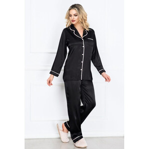 Pijama eleganta neagra din satin cu vipusca rose