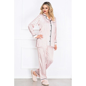 Pijama eleganta roz din satin cu imprimeu dungi si vipusca neagra