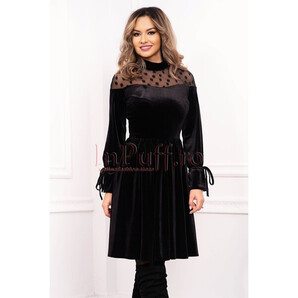 Rochie Artista neagra de seara midi in clos din catifea cu maneca lunga