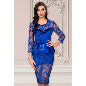 Rochie Atmosphere albastra de ocazie midi conica din catifea si tul brodat cu peplum in talie