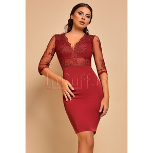 Rochie Atmosphere bordo de ocazie midi conica cu bust din tul brodat